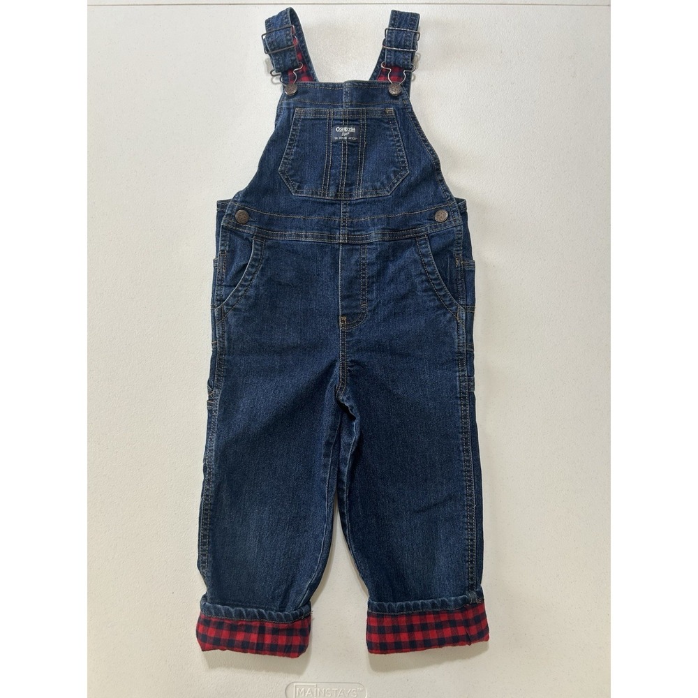 OshKosh B'Gosh Blue Denim Bib Overalls Red Plaid Lined Cuffs - Size 4T